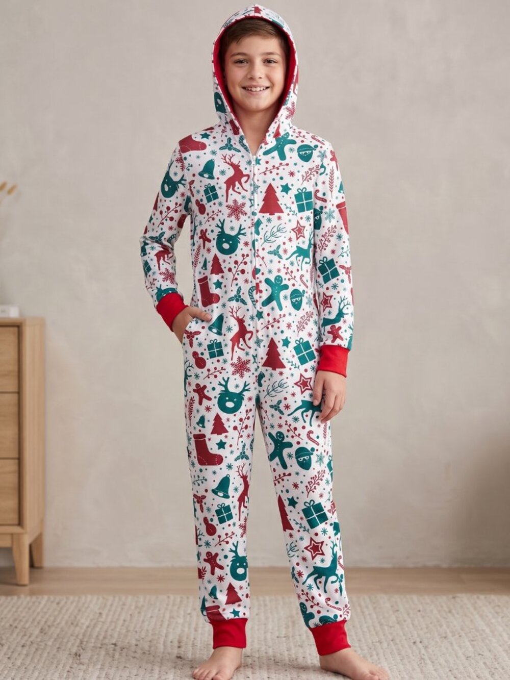 NWT Kids Christmas Holiday Santa Reindeer Hooded Onesie Pajamas Size 10-12